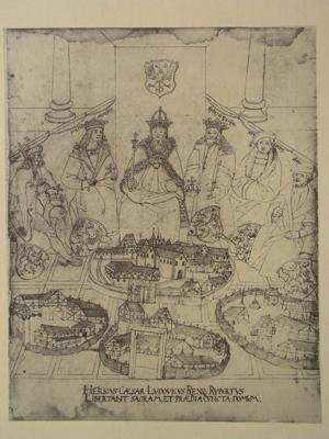 Federzeichnung des Klosters Schönau mit Kaiser Heinrich VI., Pfalzgraf Ludwig und König Ruprecht